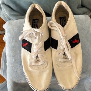 Polo by Ralph Lauren Men's Cream Sneakers with Black and Red Accents